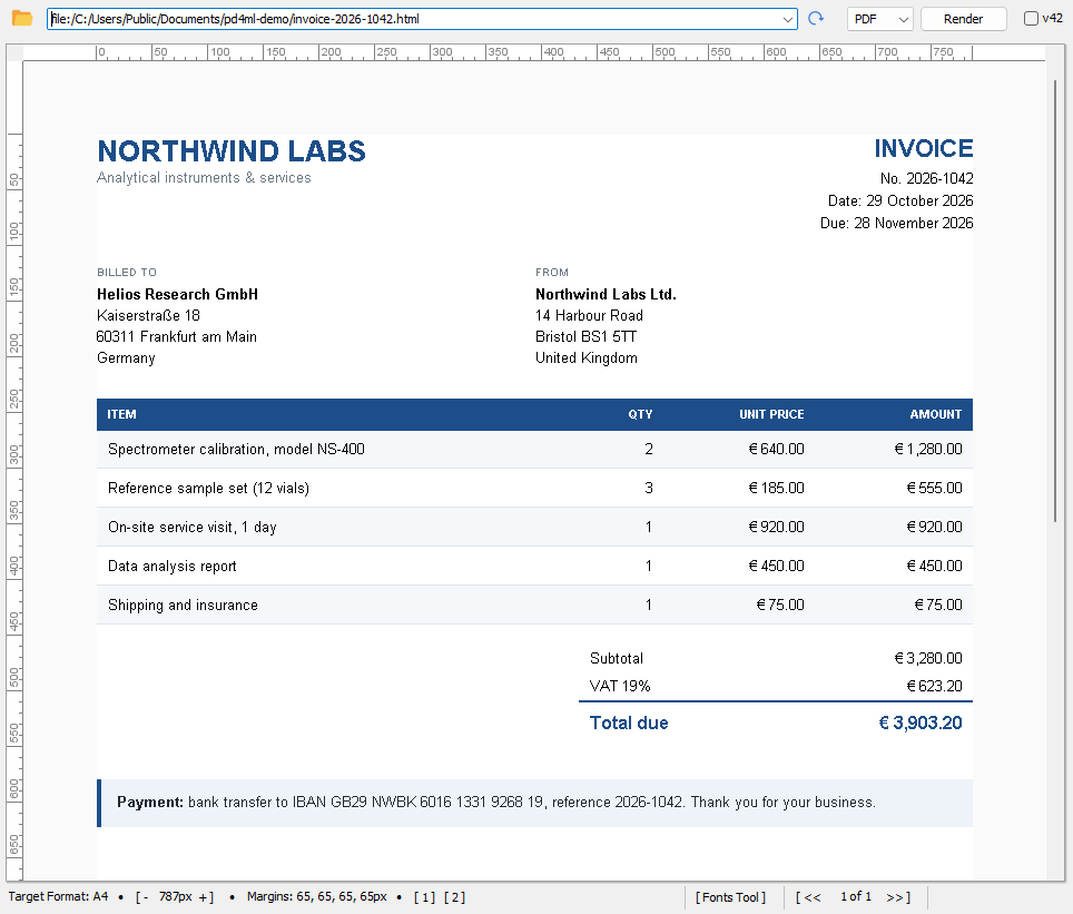 PD4Browser with an invoice open: the toolbar with the address field, the format list and Render at the top, the rendered A4 page with rulers in the middle, and the status bar with the HTML width, margins, presets, Fonts Tool button and page navigation at the bottom